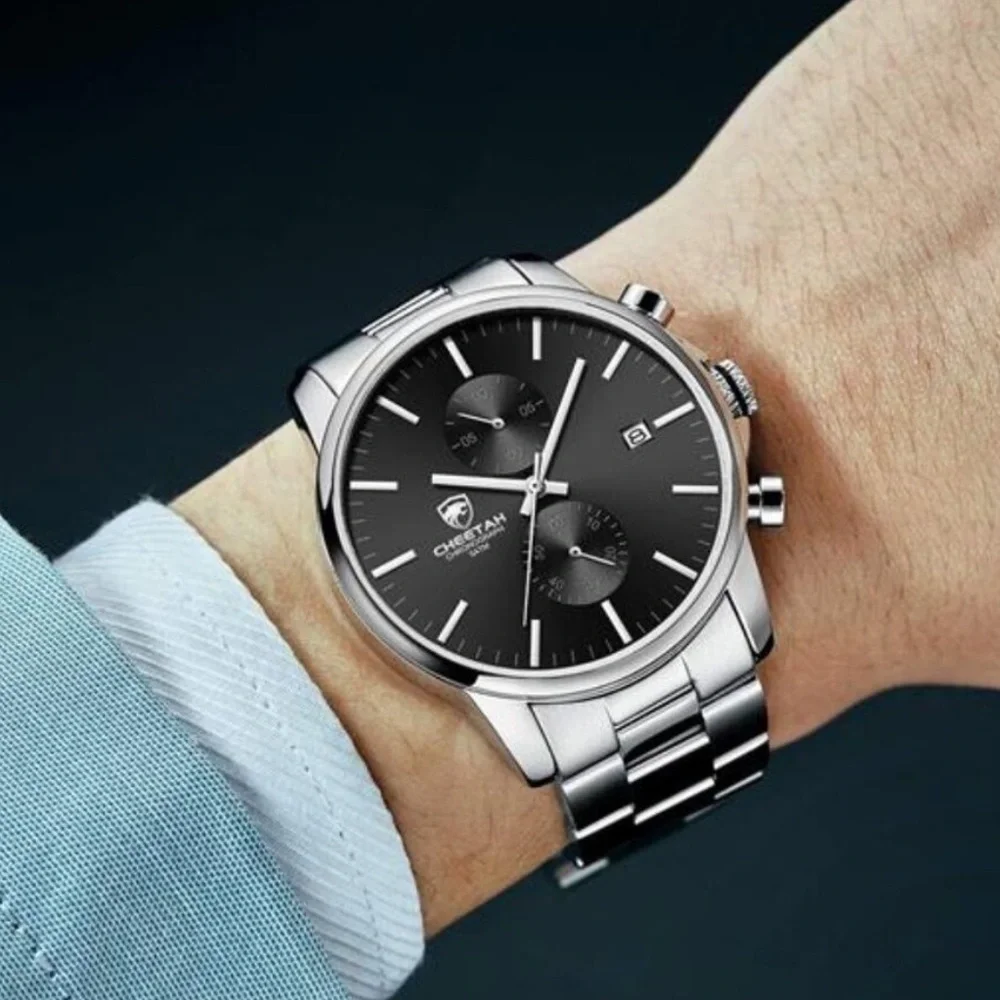 Stainless Steel Waterproof Chronograph Quartz Watch for Men Auto Date Silver NEW